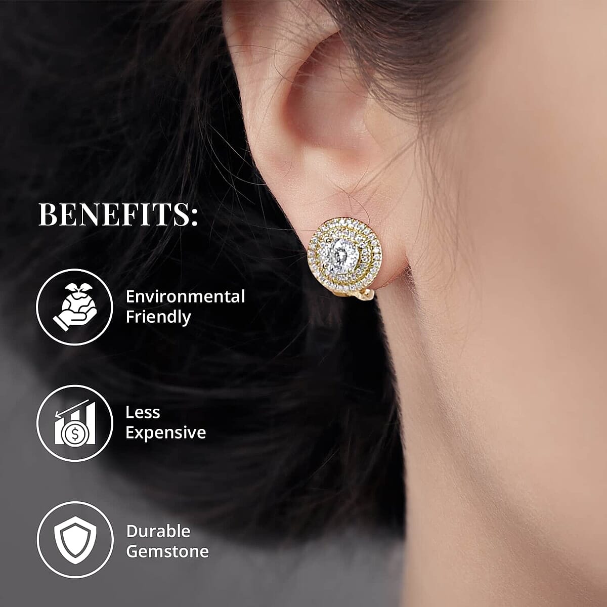 120 Facets Moissanite Earrings, Omega Clip Earrings, Vermeil Yellow Gold Over Sterling Silver Earrings, Double Halo Earrings, Moissanite Jewelry For Her, Gifts For Her 2.10 ctw image number 3