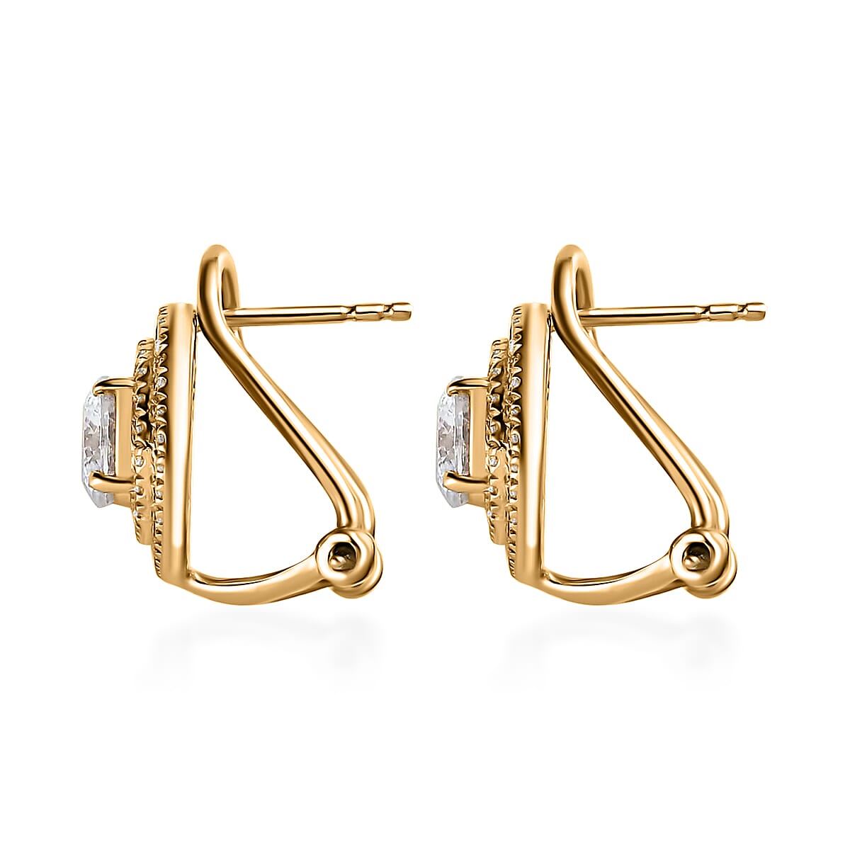 120 Facets Moissanite Earrings, Omega Clip Earrings, Vermeil Yellow Gold Over Sterling Silver Earrings, Double Halo Earrings, Moissanite Jewelry For Her, Gifts For Her 2.10 ctw image number 4