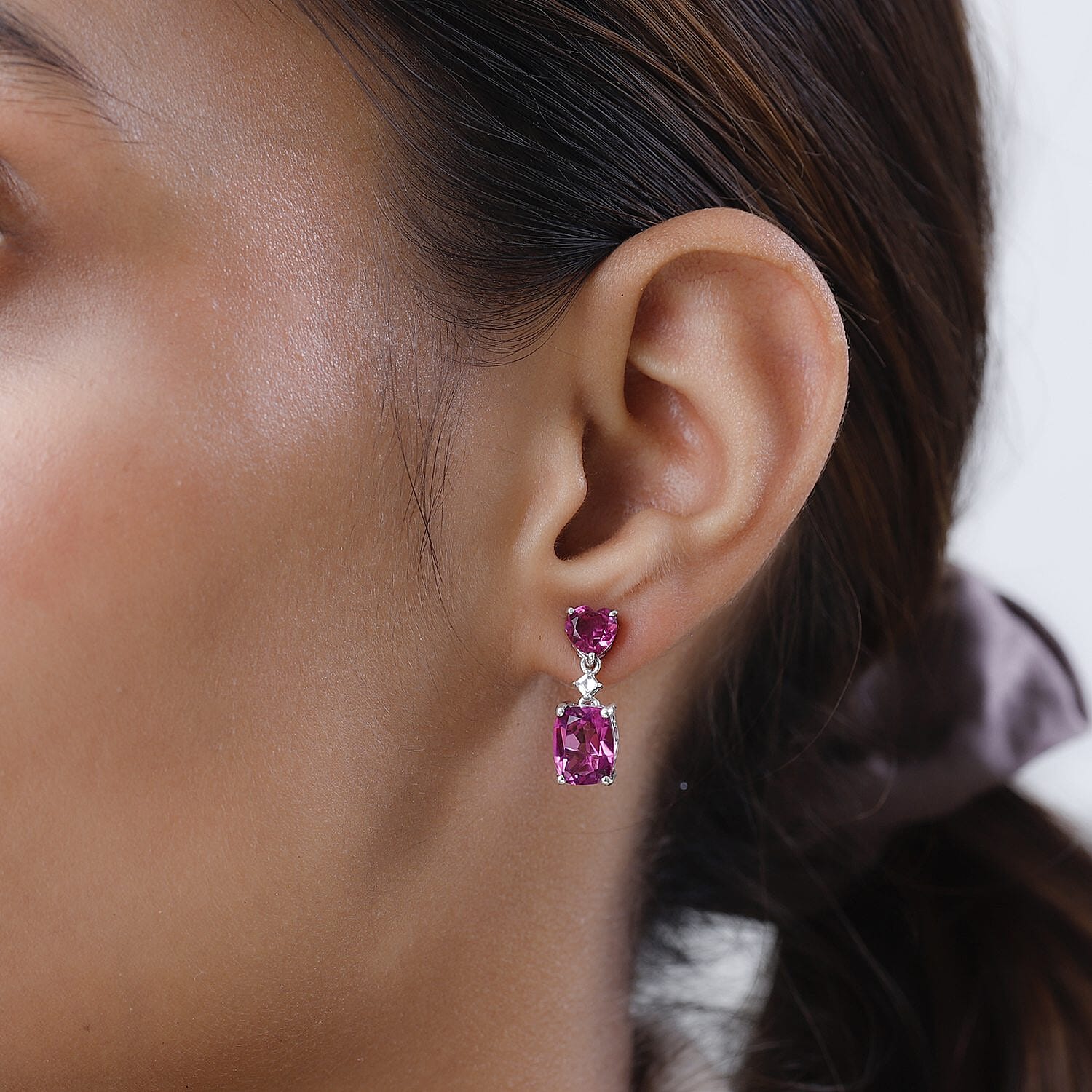 Radiant Orchid Quartz (Triplet) and White Topaz Dangling Earrings in Platinum Over Sterling Silver 6.00 ctw