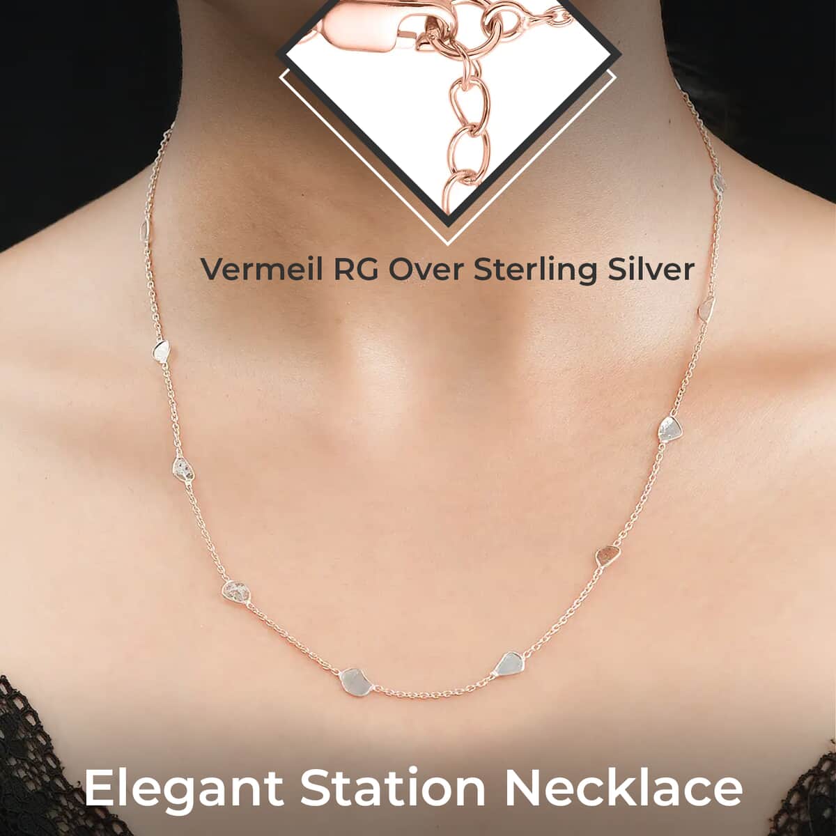 Polki Diamond Necklace in Vermeil Rose Gold Over Sterling Silver, Diamond Station Necklace, Gifts For Her 2.00 ctw. 20 Inches image number 2