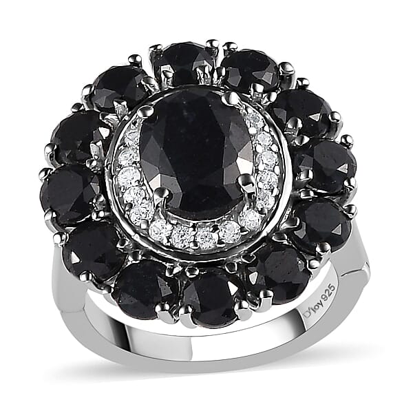 Midnight Sapphire and White Zircon Floral Ring in Platinum Over Sterling Silver (Size 10.0) 7.50 ctw