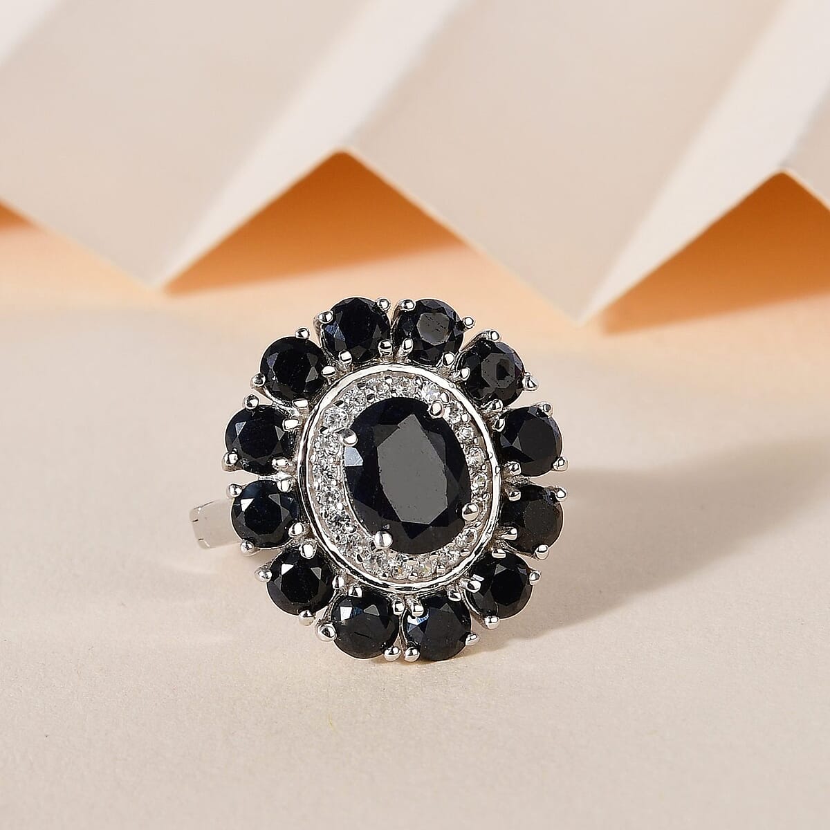 Midnight Sapphire and Natural White Zircon Floral Ring in Platinum Over Sterling Silver 7.50 ctw image number 1