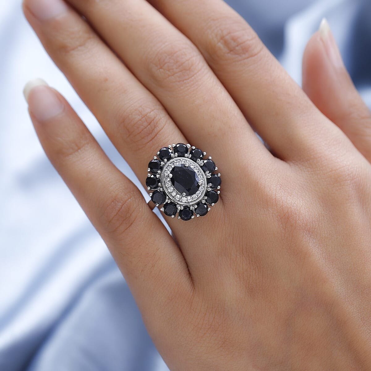 Midnight Sapphire and Natural White Zircon Floral Ring in Platinum Over Sterling Silver 7.50 ctw image number 2