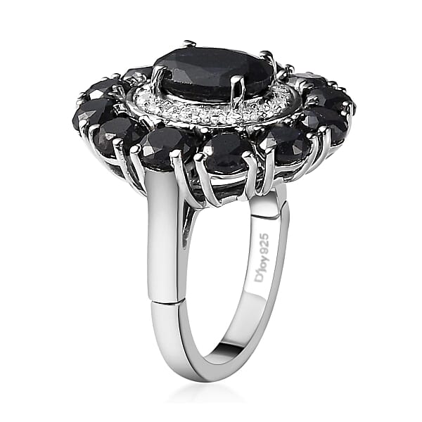 Midnight Sapphire and White Zircon Floral Ring in Platinum Over Sterling Silver (Size 10.0) 7.50 ctw
