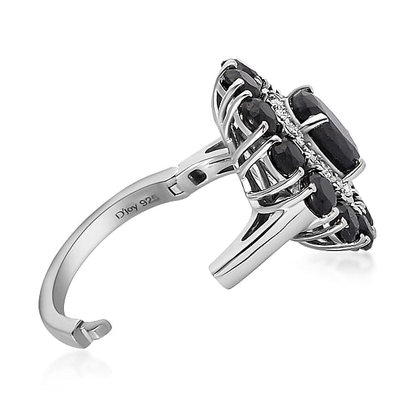 Midnight Sapphire and White Zircon Floral Ring in Platinum Over Sterling Silver (Size 10.0) 7.50 ctw