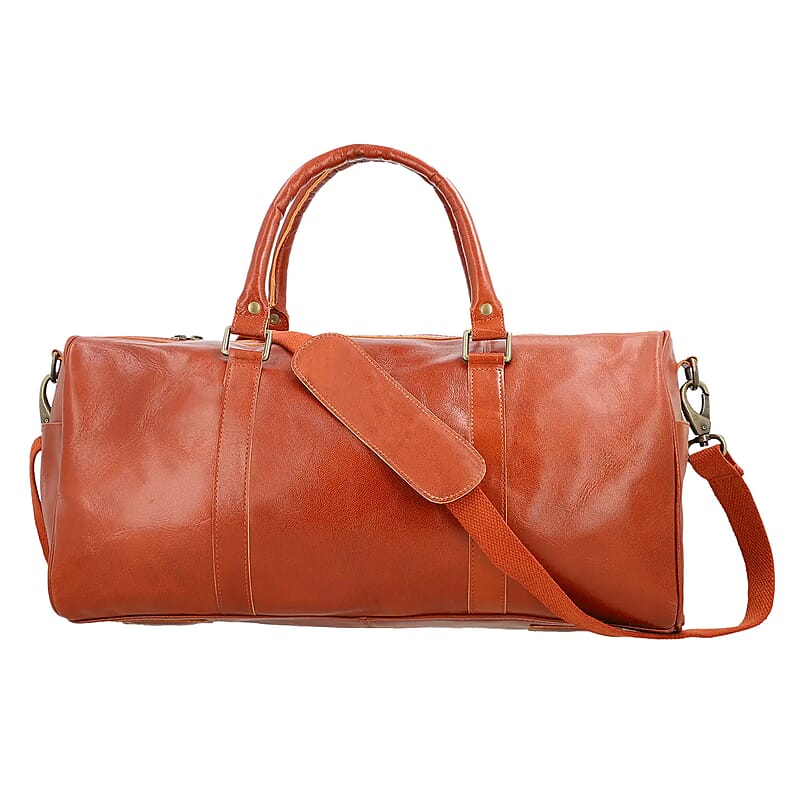 Genuine Leather Duffle Bag , Cognac Duffle Bag , Travel Leather Bag with Handle Drop , Duffle Bag For Gym with Detachable and Adjustable Shoulder Strap