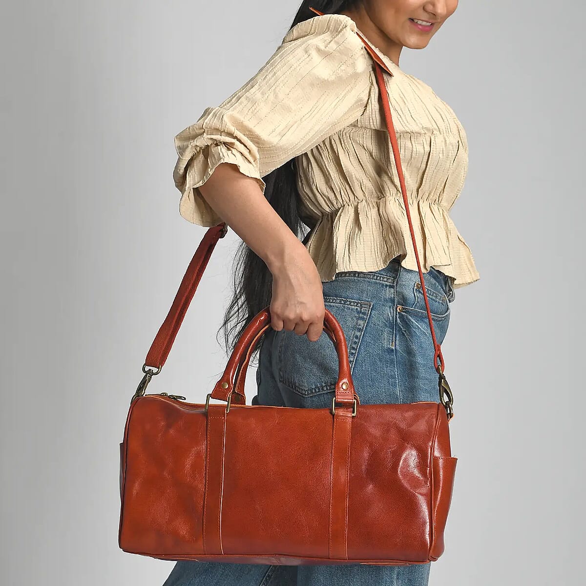 100% Genuine Leather Luggage Duffle Bag SIZE: 17.32(L)x8(W)x9(H)Inches  COLOR: Cognac image number 1