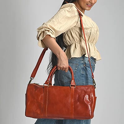 Genuine Leather Duffle Bag , Cognac Duffle Bag , Travel Leather Bag with Handle Drop , Duffle Bag For Gym with Detachable and Adjustable Shoulder Strap