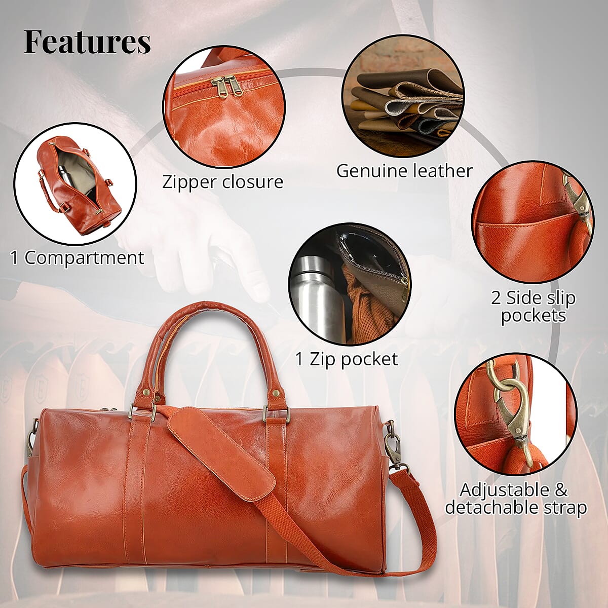 100% Genuine Leather Luggage Duffle Bag SIZE: 17.32(L)x8(W)x9(H)Inches  COLOR: Cognac image number 3