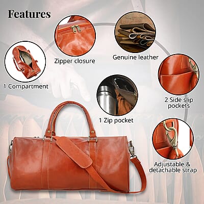 Genuine Leather Duffle Bag , Cognac Duffle Bag , Travel Leather Bag with Handle Drop , Duffle Bag For Gym with Detachable and Adjustable Shoulder Strap