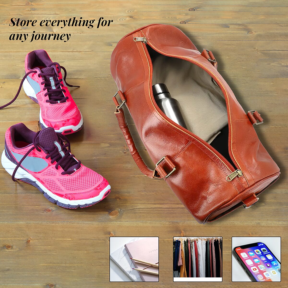 100% Genuine Leather Luggage Duffle Bag SIZE: 17.32(L)x8(W)x9(H)Inches  COLOR: Cognac image number 4