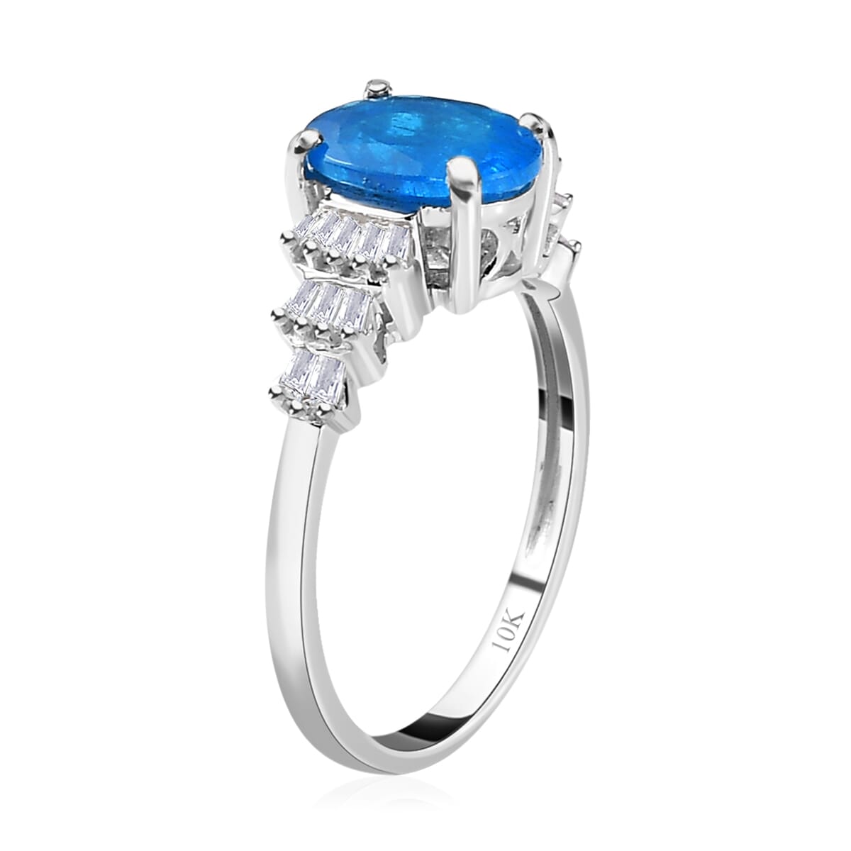 Luxoro 10K White Gold Premium Malgache Neon Apatite and Diamond Ring (Size 8.0) 2.10 ctw image number 3