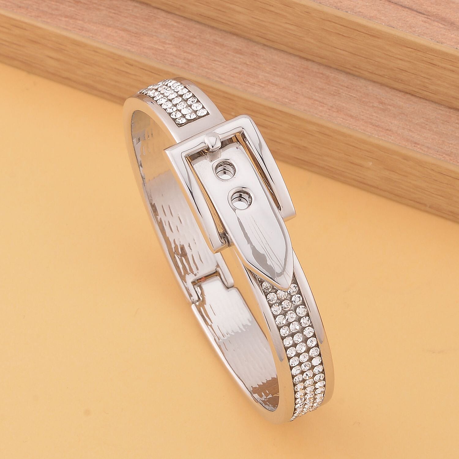Austrian Crystal Buckle Bangle Bracelet in Silvertone (7.0 In)