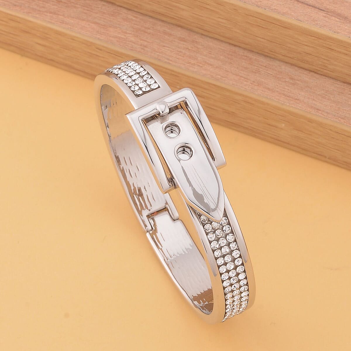 Austrian Crystal Buckle Bangle Bracelet in Silvertone (7.0 In) image number 1