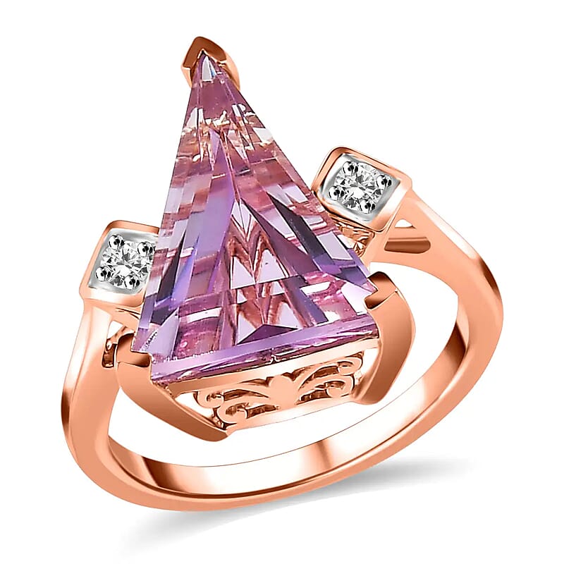 Rose De France Amethyst, Moissanite Ring in Vermeil RG Over Sterling Silver, Statement Rings For Women 5.75 ctw (Size 10.0)