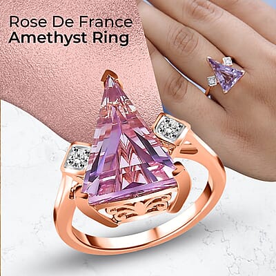 Rose De France Amethyst, Moissanite Ring in Vermeil RG Over Sterling Silver, Statement Rings For Women 5.75 ctw (Size 10.0)