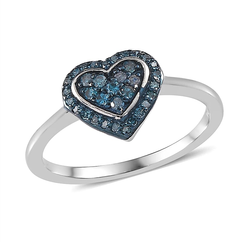 Blue Diamond Heart Ring in Rhodium and Platinum Over Sterling Silver (Size 10.0) 0.25 ctw