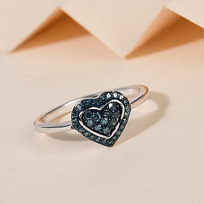 Blue Diamond Heart Ring in Rhodium and Platinum Over Sterling Silver (Size 10.0) 0.25 ctw