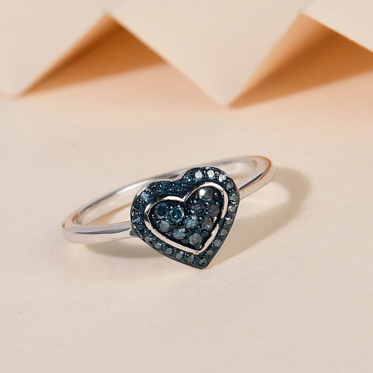 Blue Diamond Heart Ring in Rhodium and Platinum Over Sterling Silver (Size 10.0) 0.25 ctw image number 1