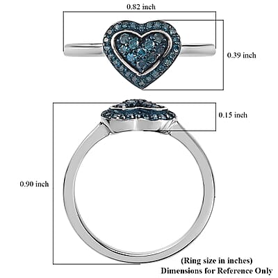 Blue Diamond Heart Ring in Rhodium and Platinum Over Sterling Silver (Size 10.0) 0.25 ctw