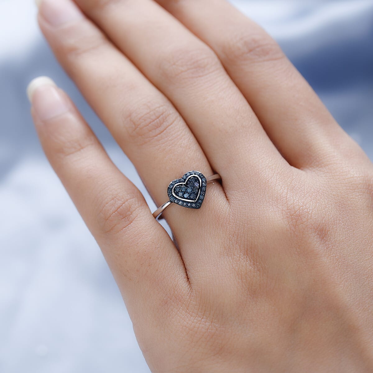 Blue Diamond Heart Ring in Rhodium and Platinum Over Sterling Silver (Size 8.0) 0.25 ctw image number 2