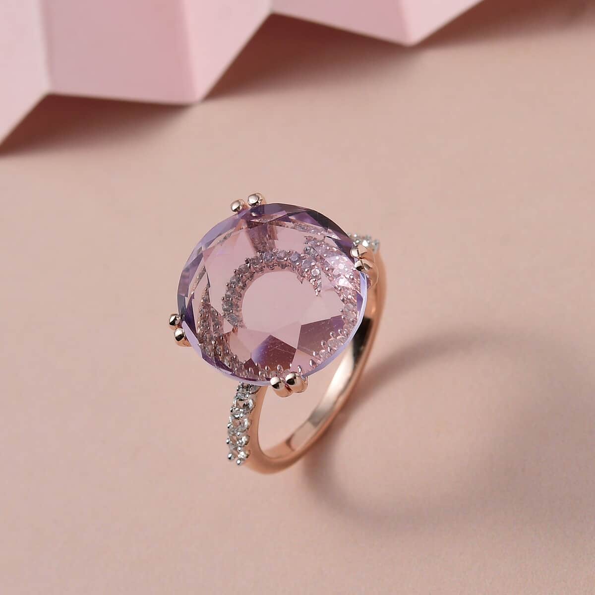 Rose De France Amethyst, Natural White Zircon Ring in Vermeil Rose Gold Over Sterling Silver (Size 10.0) 13.40 ctw image number 1