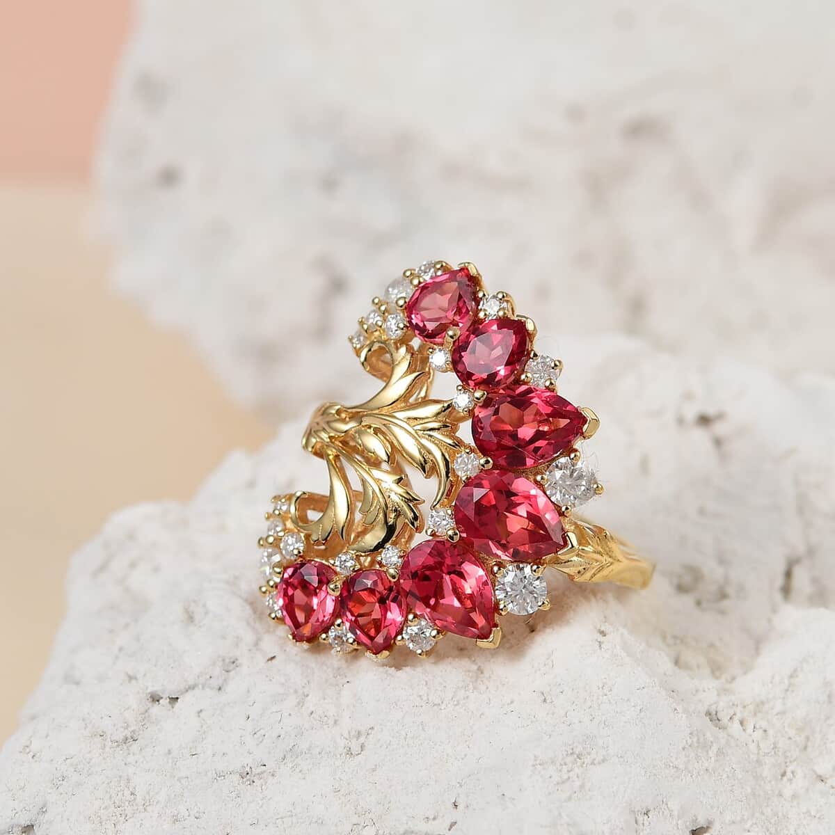 GP Italian Garden Collection Lab Created Padparadscha Sapphire and Multi Gemstone Ring in Vermeil Yellow Gold Over Sterling Silver (Size 7.0) 6.00 ctw image number 1