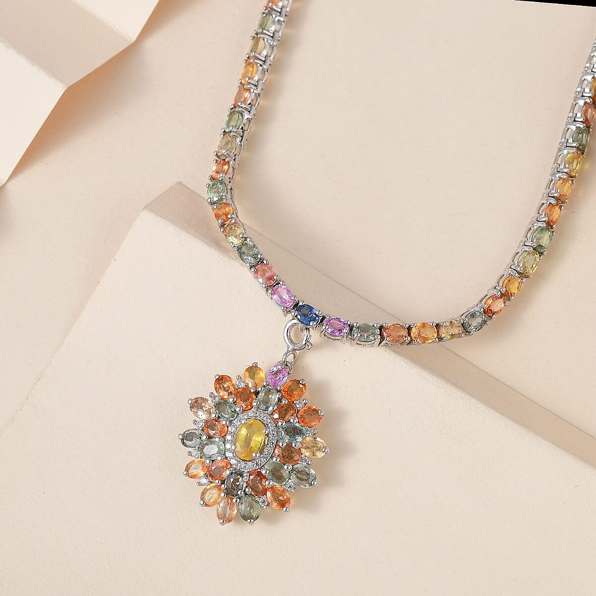 TLV Madagascar Yellow Sapphire, Multi Gemstone Floral Necklace (18 Inches) in Platinum Over Sterling Silver (19.75 g) 29.10 ctw image number 1