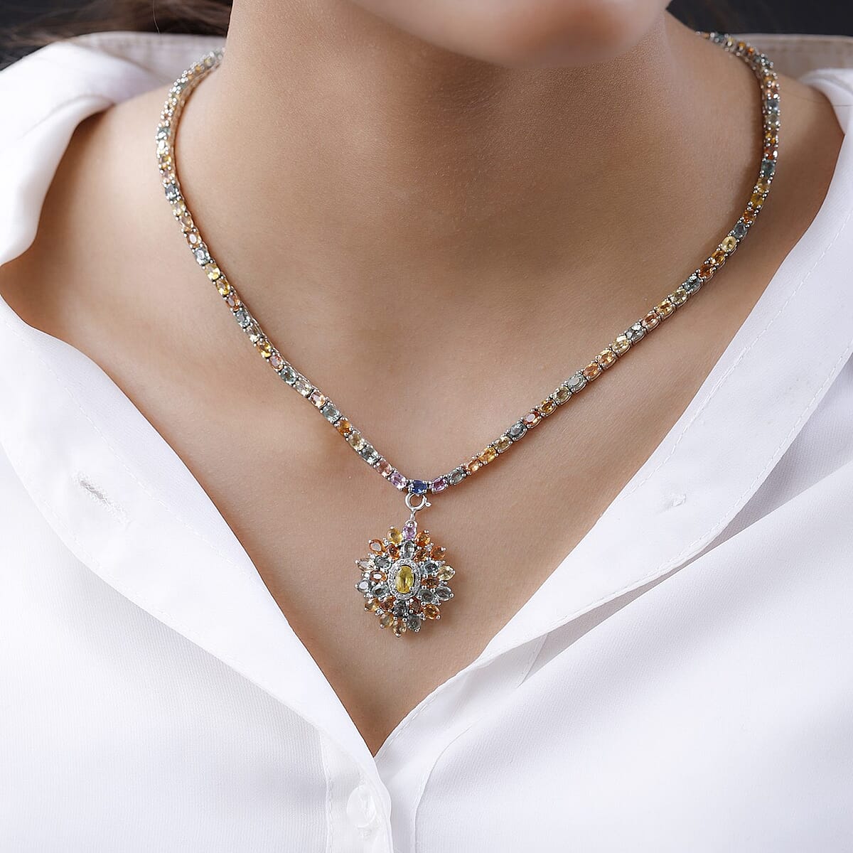 TLV Madagascar Yellow Sapphire, Multi Gemstone Floral Necklace (18 Inches) in Platinum Over Sterling Silver (19.75 g) 29.10 ctw image number 2