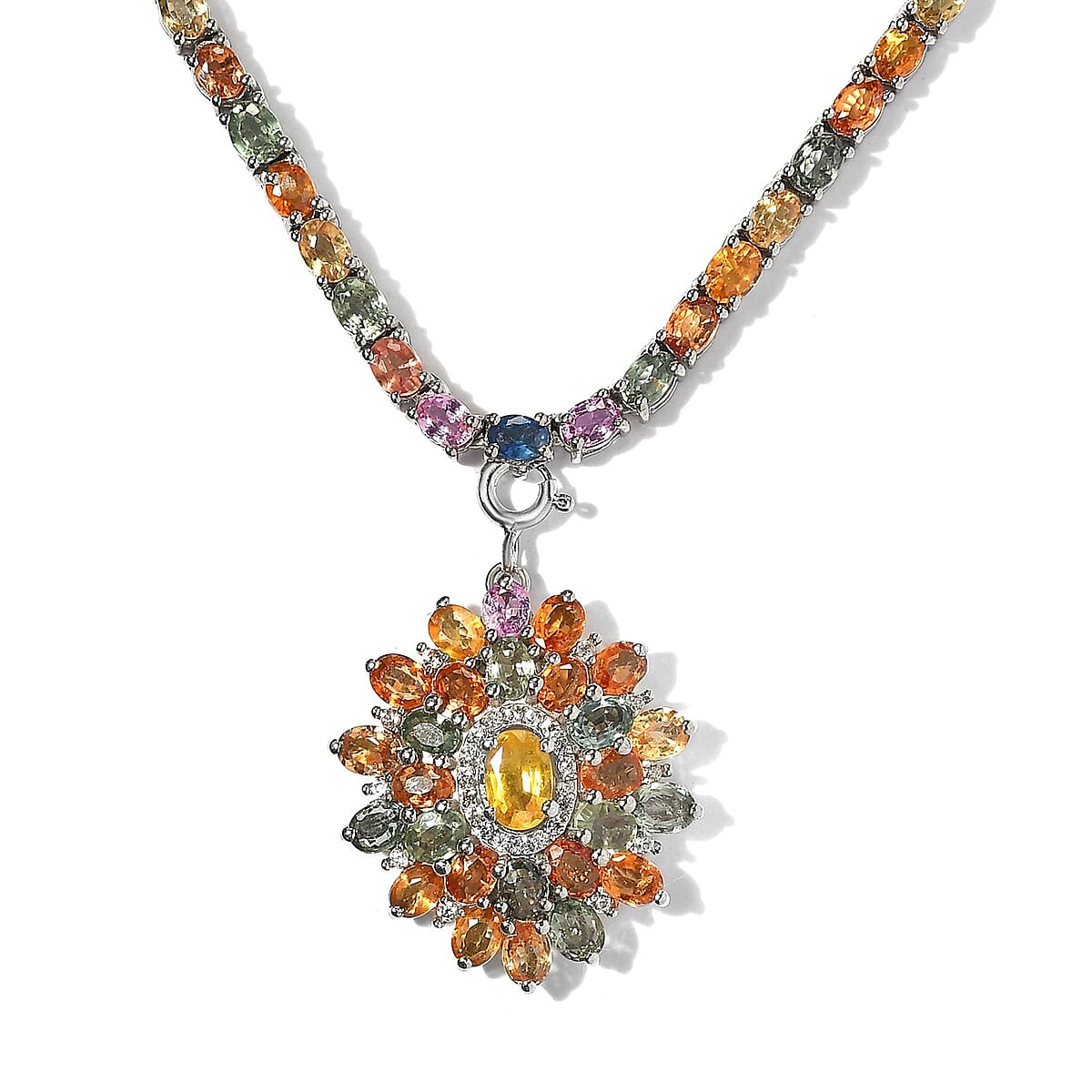 TLV Madagascar Yellow Sapphire, Multi Gemstone Floral Necklace (18 Inches) in Platinum Over Sterling Silver (19.75 g) 29.10 ctw image number 3