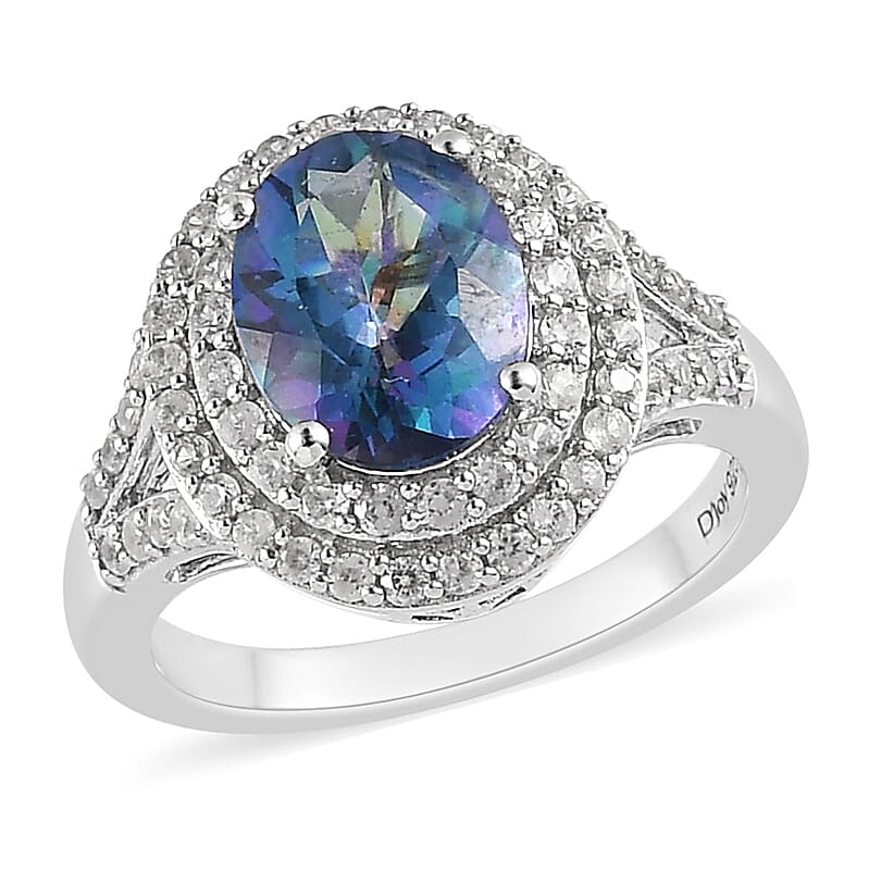 Brazilian Blue Petalite and White Zircon Double Halo Ring in Platinum Over Sterling Silver (Size 10.0) 2.85 ctw