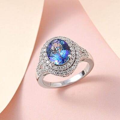 Brazilian Blue Petalite and White Zircon Double Halo Ring in Platinum Over Sterling Silver (Size 10.0) 2.85 ctw