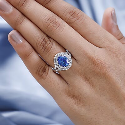 Brazilian Blue Petalite and White Zircon Double Halo Ring in Platinum Over Sterling Silver (Size 10.0) 2.85 ctw