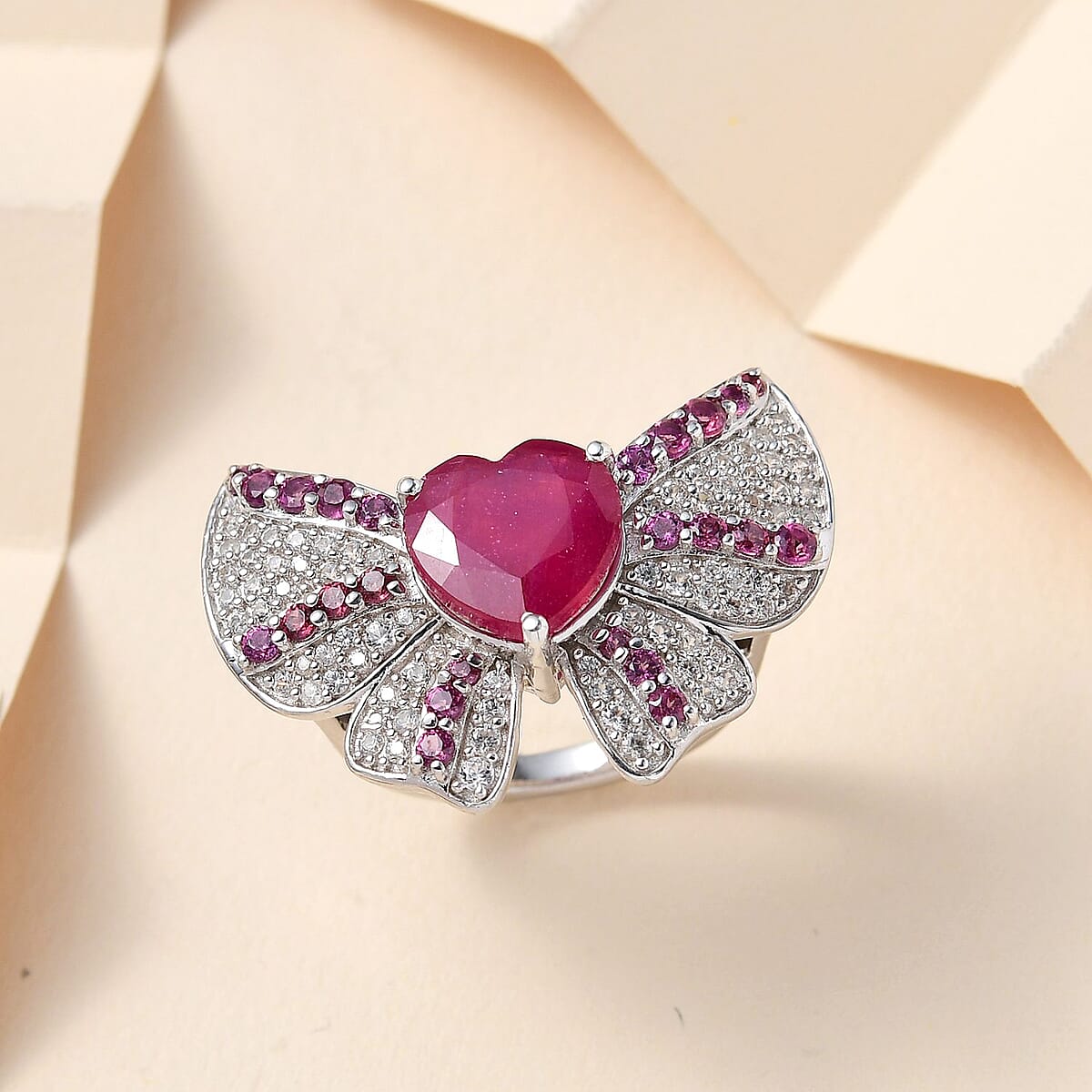 GP AMORE Collection AAA Niassa Ruby (FF) and Multi Gemstone Ring in Platinum Over Sterling Silver 7.25 ctw image number 1