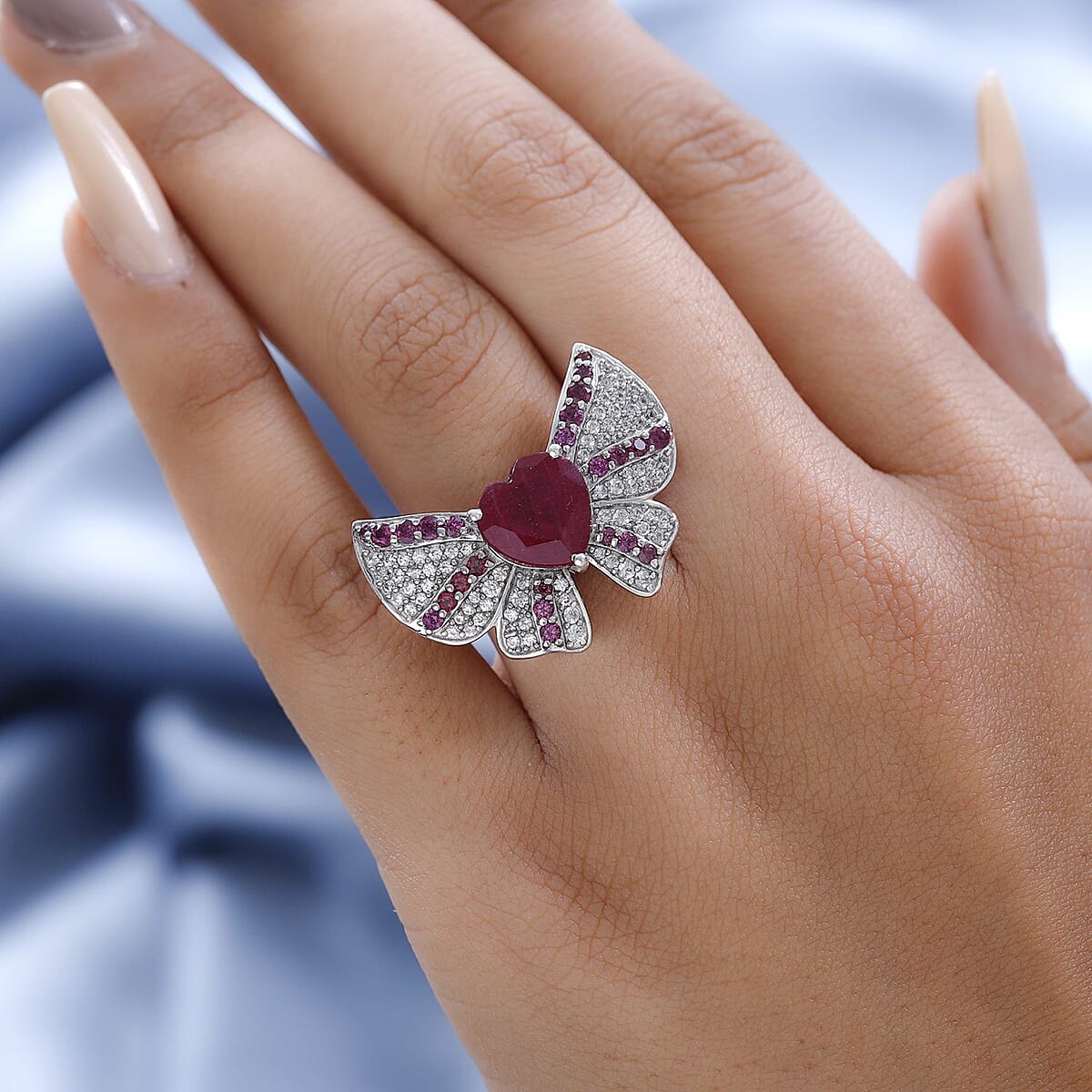GP AMORE Collection AAA Niassa Ruby (FF) and Multi Gemstone Ring in Platinum Over Sterling Silver 7.25 ctw image number 2