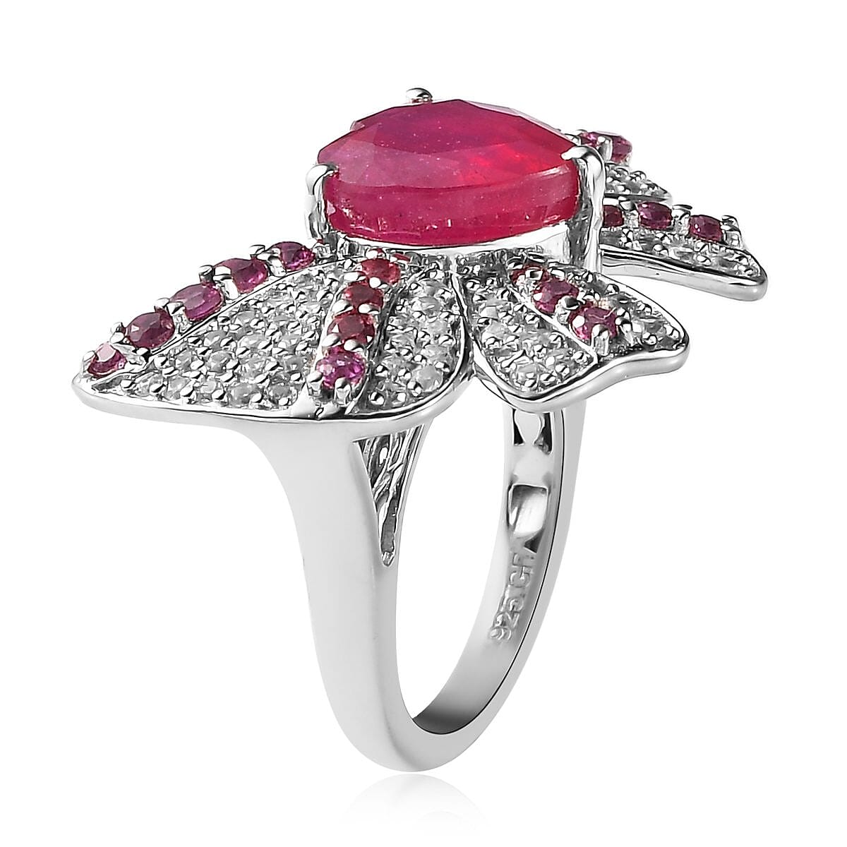 GP AMORE Collection AAA Niassa Ruby (FF) and Multi Gemstone Ring in Platinum Over Sterling Silver 7.25 ctw image number 3