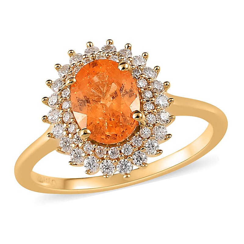 Premium Viceroy Spessartine Garnet and Moissanite Sunburst Ring in Vermeil Yellow Gold Over Sterling Silver (Size 10.0) 2.10 ctw