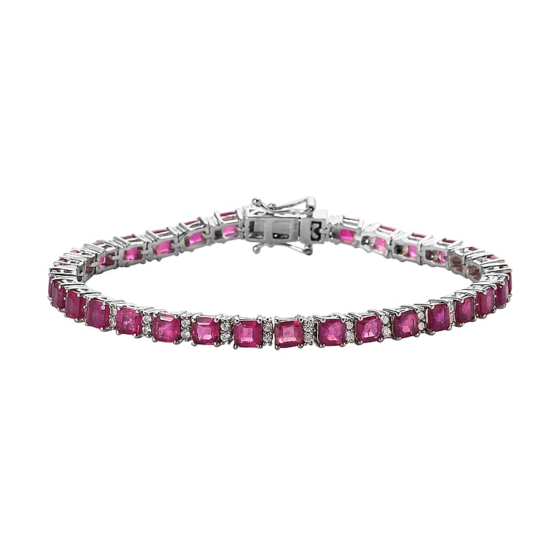 Asscher Cut Niassa Ruby (FF) and White Zircon Tennis Bracelet in Platinum Over Sterling Silver (7.25 In) 16.65 ctw