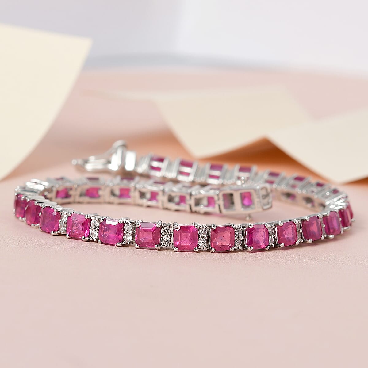 Asscher Cut Niassa Ruby (FF) and White Zircon Tennis Bracelet in Platinum Over Sterling Silver (7.25 In) 16.65 ctw image number 1