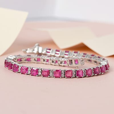 Asscher Cut Niassa Ruby (FF) and White Zircon Tennis Bracelet in Platinum Over Sterling Silver (7.25 In) 16.65 ctw