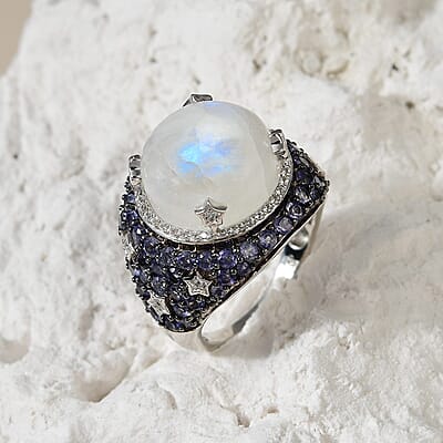 GP Celestial Dreams Collection Kuisa Rainbow Moonstone, Multi Gemstone Ring in Platinum Over Sterling Silver (Size 10.0) 13.65 ctw