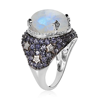 GP Celestial Dreams Collection Kuisa Rainbow Moonstone, Multi Gemstone Ring in Platinum Over Sterling Silver (Size 10.0) 13.65 ctw