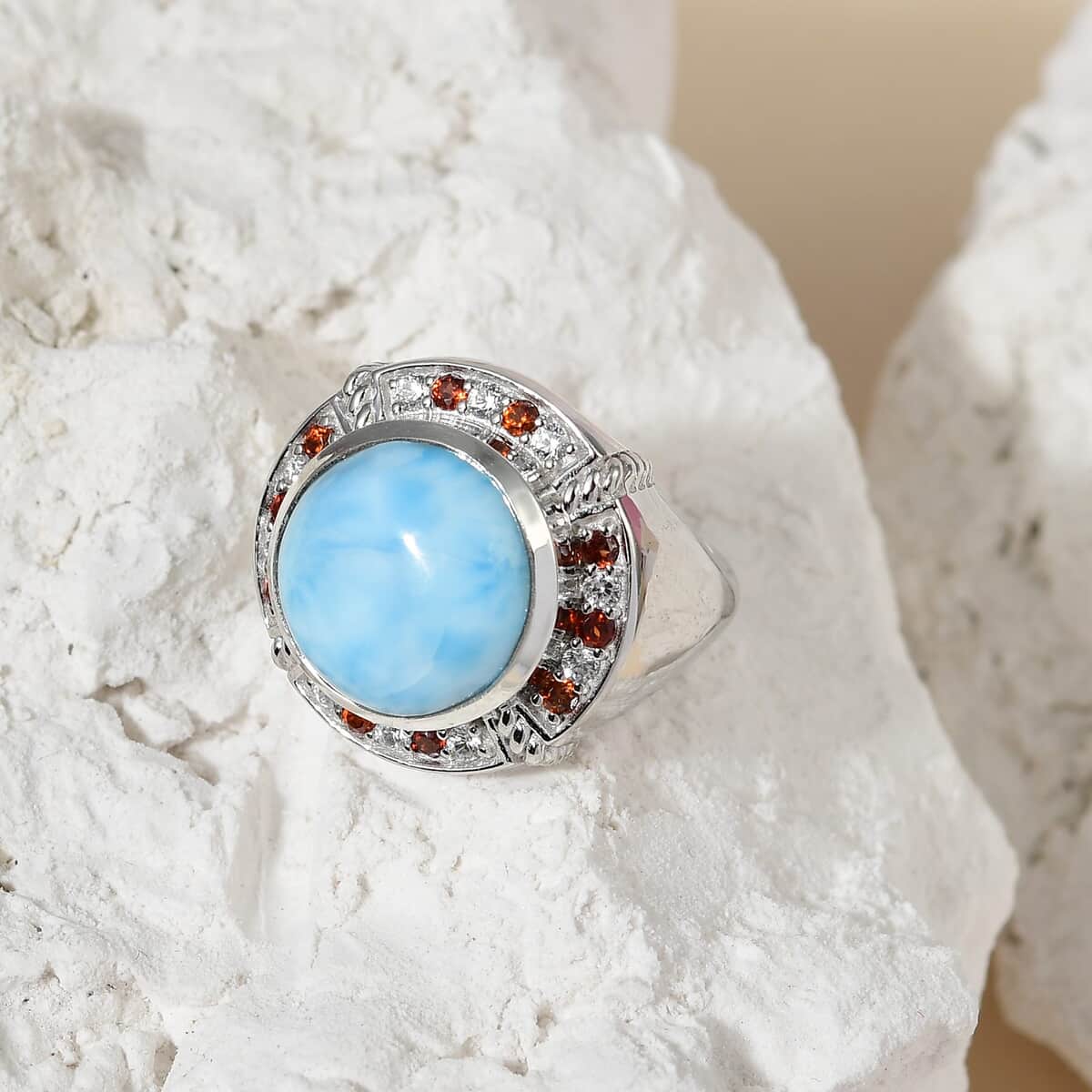 GP Bella Italia Collection Larimar and Multi Gemstone Double Halo Ring in Platinum Over Sterling Silver 8.15 Grams 9.65 ctw image number 1
