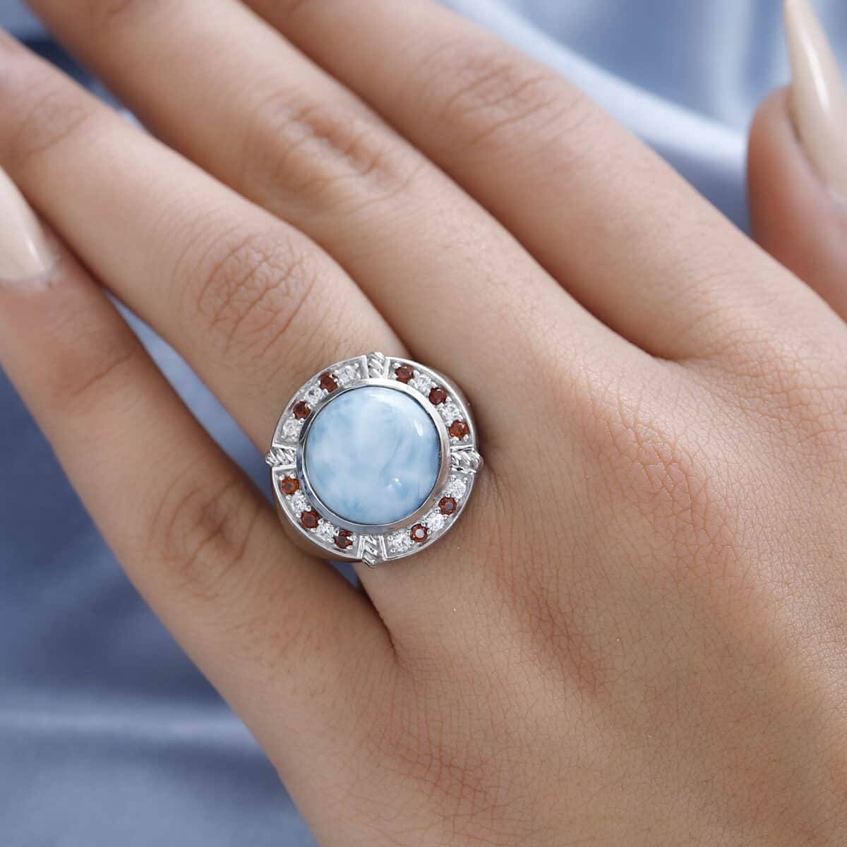 GP Bella Italia Collection Larimar and Multi Gemstone Double Halo Ring in Platinum Over Sterling Silver (Size 6.0) 9.65 ctw image number 2