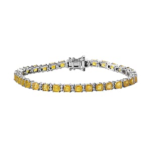 Asscher Cut Yellow Sapphire (FF) and White Zircon Tennis Bracelet in Platinum Over Sterling Silver (7.25 In) 16.75 ctw