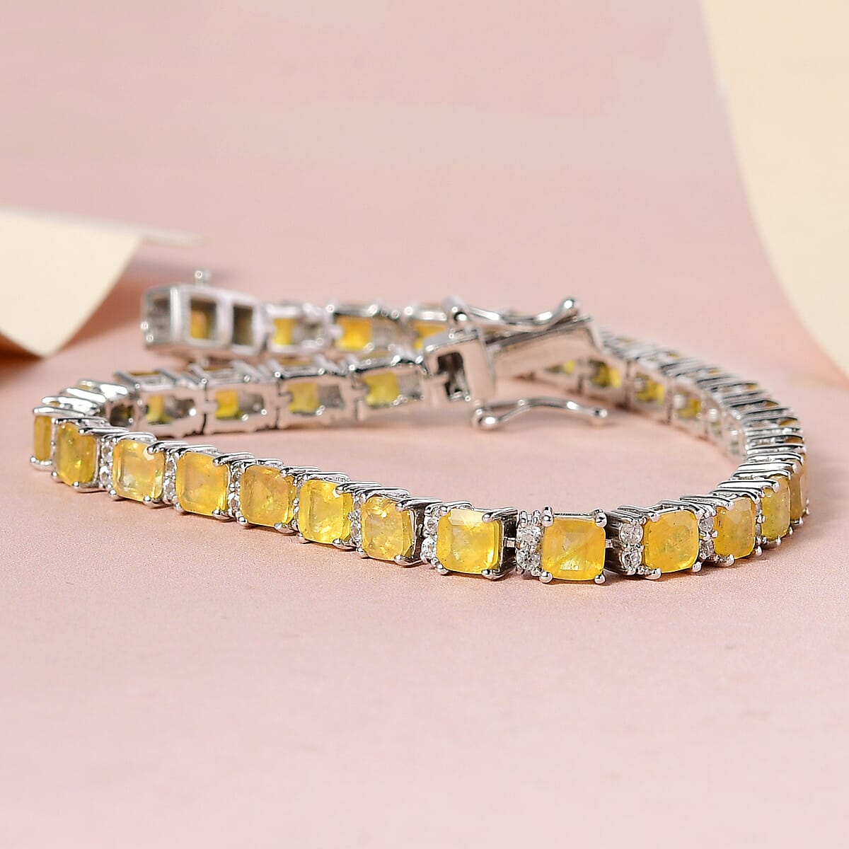 Asscher Cut Yellow Sapphire (FF) and White Zircon Tennis Bracelet in Platinum Over Sterling Silver (7.25 In) 16.75 ctw image number 1