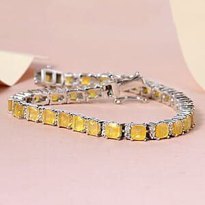 Asscher Cut Yellow Sapphire (FF) and White Zircon Tennis Bracelet in Platinum Over Sterling Silver (7.25 In) 16.75 ctw