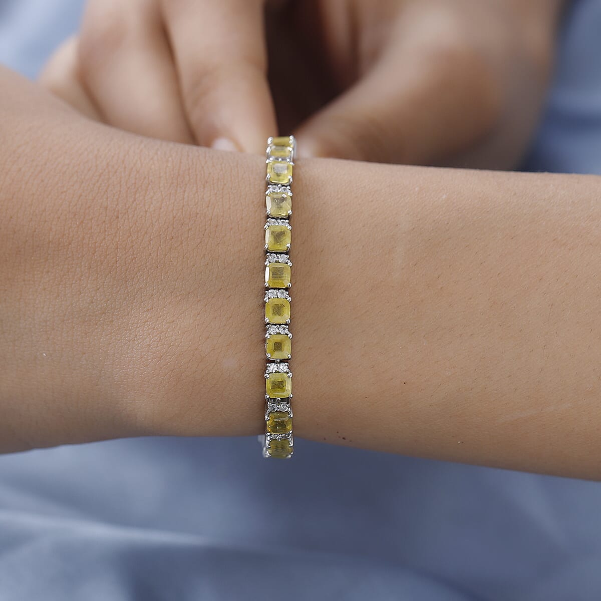 Asscher Cut Yellow Sapphire (FF) and White Zircon Tennis Bracelet in Platinum Over Sterling Silver (7.25 In) 16.75 ctw image number 2