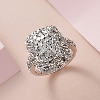 Natural Diamond Cocktail Ring in Platinum Over Sterling Silver (Size 8.0) 1.00 ctw