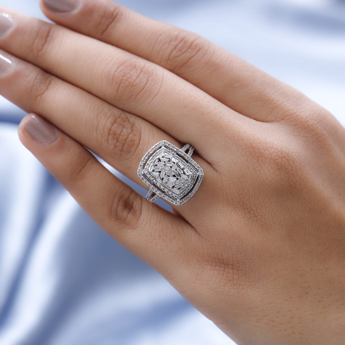 Natural Diamond Cocktail Ring in Platinum Over Sterling Silver (Size 8.0) 1.00 ctw image number 2